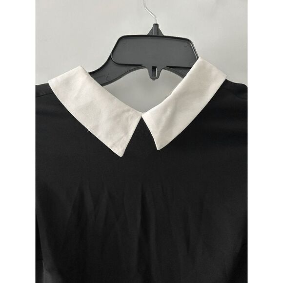 CECE Women's Short Sleeve Color Blocked Collared Blouse Black and White - Picture 5 of 12
